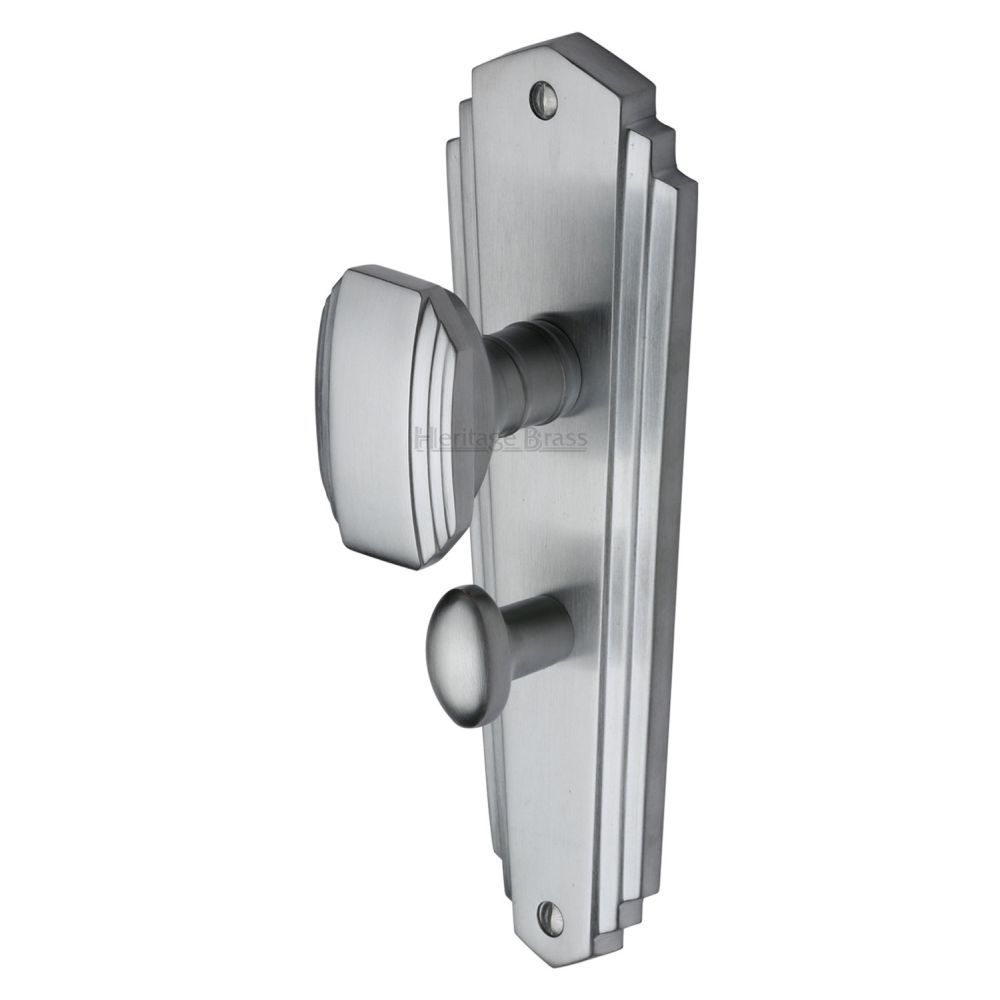 This is an image of a Heritage Brass - Mortice Knob on Bathroom Plate Charlston Design Satin Chrome Fin, cha1930-sc that is available to order from T.H Wiggans Ironmongery in Kendal.