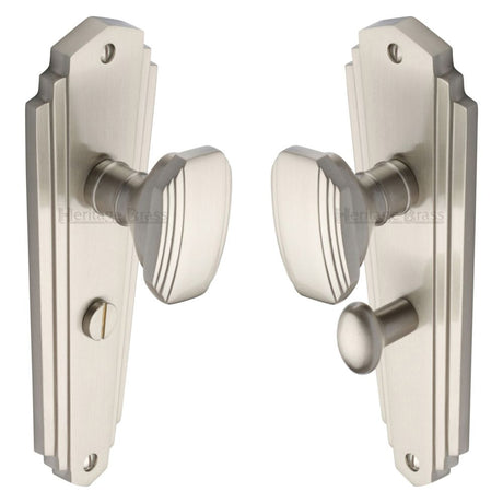 This is an image of a Heritage Brass - Mortice Knob on Bathroom Plate Charlston Design Satin Nickel Fin, cha1930-sn that is available to order from T.H Wiggans Ironmongery in Kendal.
