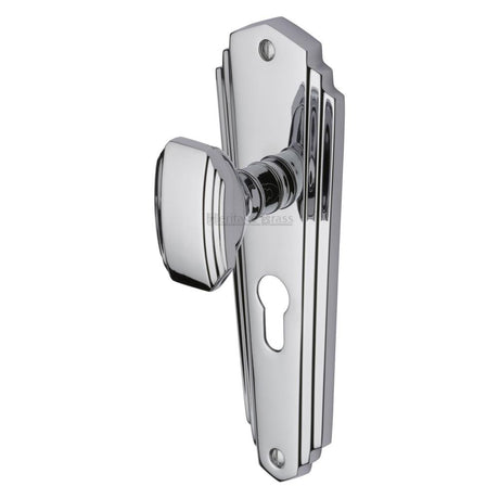 This is an image of a Heritage Brass - Mortice Knob on Euro Profile Plate Charlston Design Polished Chrome, cha1948-pc that is available to order from T.H Wiggans Ironmongery in Kendal.