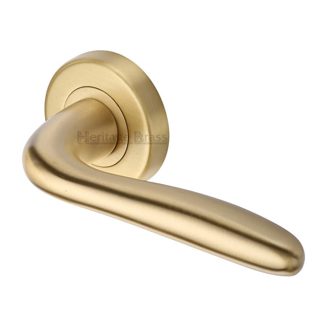 This is an image of a Heritage Brass - Door Handle Lever Latch on Round Rose Columbus Design Satin Bras, col1762-sb that is available to order from T.H Wiggans Ironmongery in Kendal.