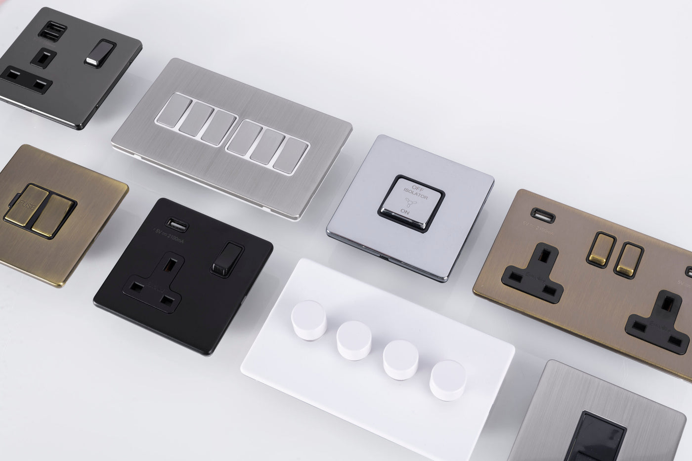 This is an image showing a range of Electrical Switches & Sockets by EuroLite part of Carlisle Brass, available to order from T.H. Wiggans Ironmongery in Kendal
