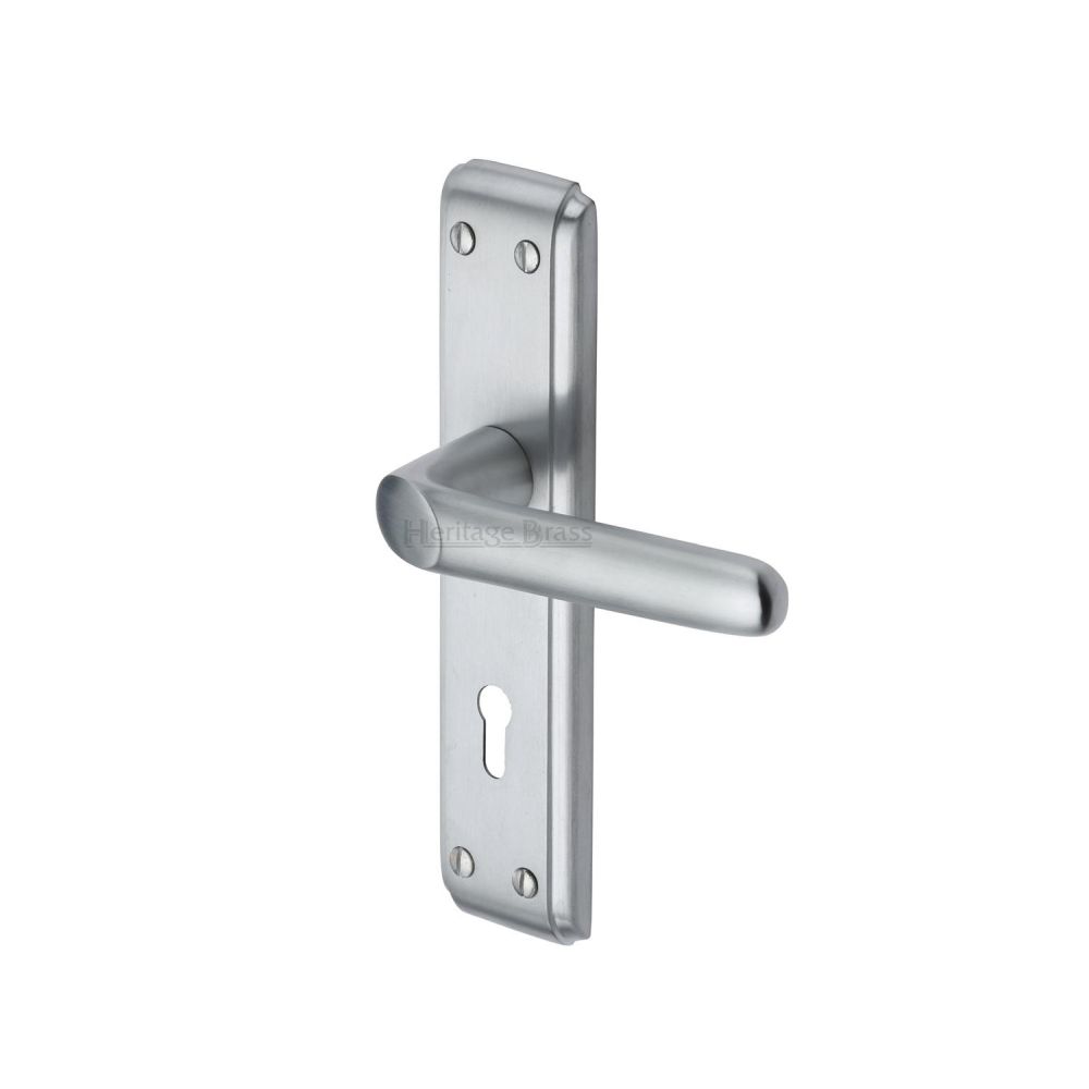 This is an image of a Heritage Brass - Door Handle Lever Lock Deco Design Satin Chrome Finish, dec3000-sc that is available to order from T.H Wiggans Ironmongery in Kendal.