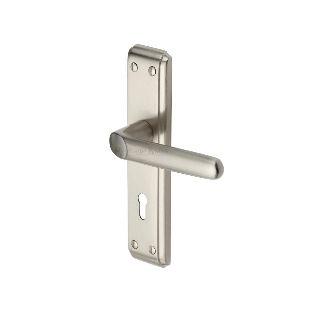This is an image of a Heritage Brass - Door Handle Lever Lock Deco Design Satin Nickel Finish, dec3000-sn that is available to order from T.H Wiggans Ironmongery in Kendal.