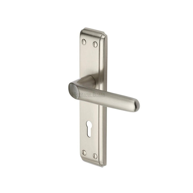 This is an image of a Heritage Brass - Door Handle Lever Lock Deco Design Satin Nickel Finish, dec3000-sn that is available to order from T.H Wiggans Ironmongery in Kendal.