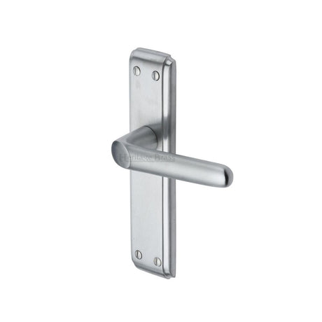 This is an image of a Heritage Brass - Door Handle Lever Latch Deco Design Satin Chrome Finish, dec3010-sc that is available to order from T.H Wiggans Ironmongery in Kendal.