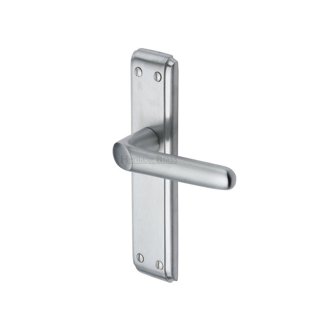 This is an image of a Heritage Brass - Door Handle Lever Latch Deco Design Satin Chrome Finish, dec3010-sc that is available to order from T.H Wiggans Ironmongery in Kendal.