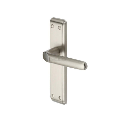 This is an image of a Heritage Brass - Door Handle Lever Latch Deco Design Satin Nickel Finish, dec3010-sn that is available to order from T.H Wiggans Ironmongery in Kendal.