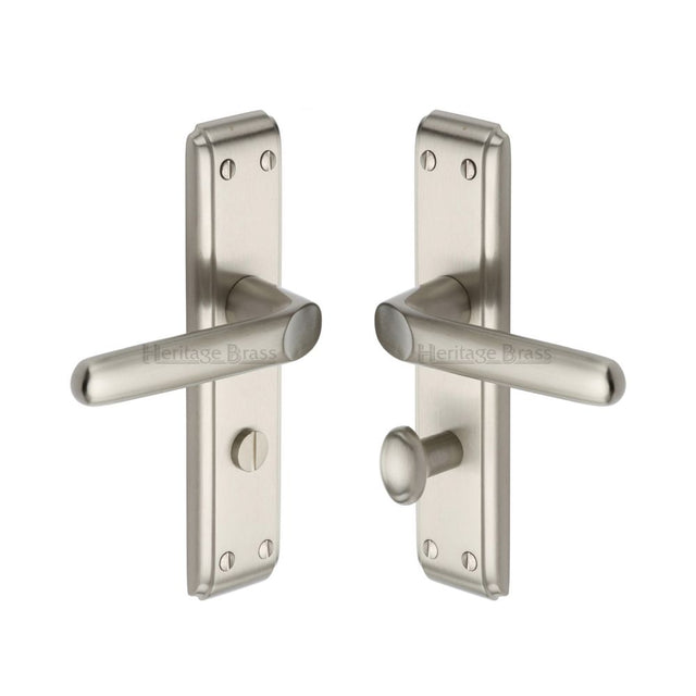 This is an image of a Heritage Brass - Door Handle for Bathroom Deco Design Satin Nickel Finish, dec3030-sn that is available to order from T.H Wiggans Ironmongery in Kendal.