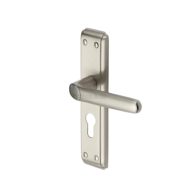 This is an image of a Heritage Brass - Door Handle for Euro Profile Plate Deco Design Satin Nickel Fini, dec3048-sn that is available to order from T.H Wiggans Ironmongery in Kendal.