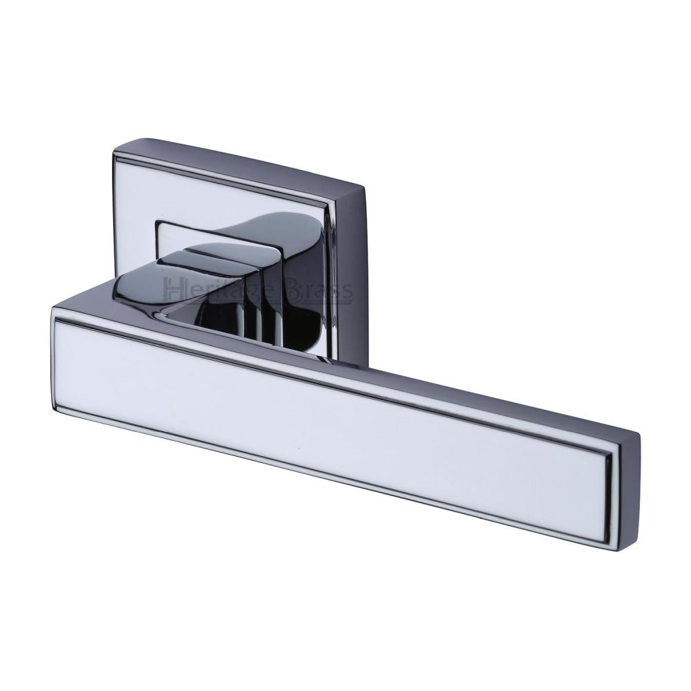 This is an image of a Heritage Brass - Door Handle Lever Latch on Square Rose Linear SQ Design Polished Ch, dec5430-pc that is available to order from T.H Wiggans Ironmongery in Kendal.
