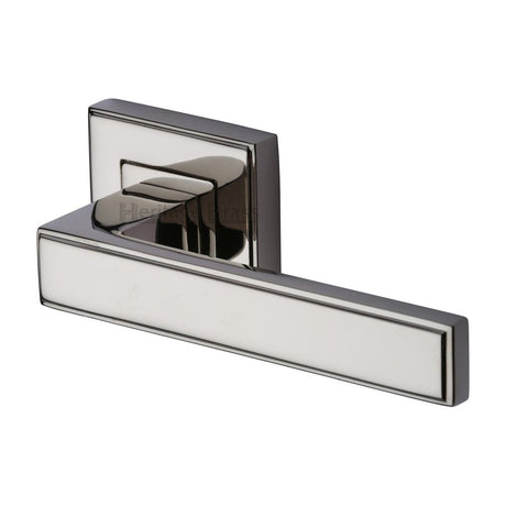 This is an image of a Heritage Brass - Door Handle Lever Latch on Square Rose Linear SQ Design Polished Ni, dec5430-pnf that is available to order from T.H Wiggans Ironmongery in Kendal.