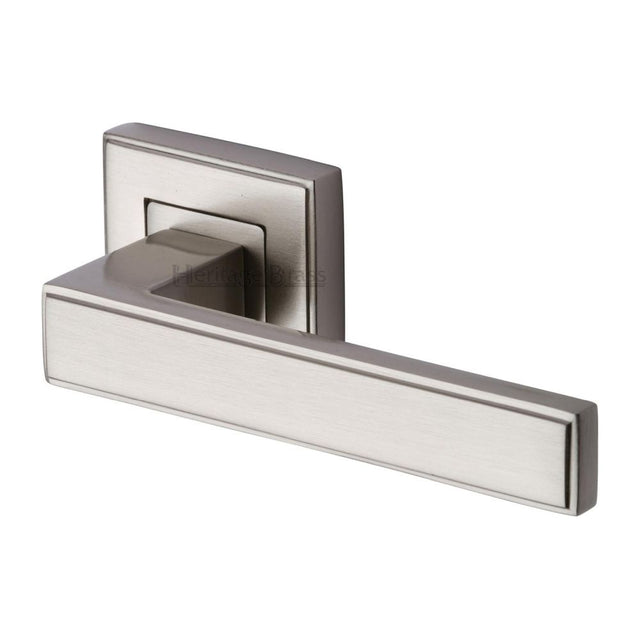 This is an image of a Heritage Brass - Door Handle Lever Latch on Square Rose Linear SQ Design Satin Ni, dec5430-sn that is available to order from T.H Wiggans Ironmongery in Kendal.
