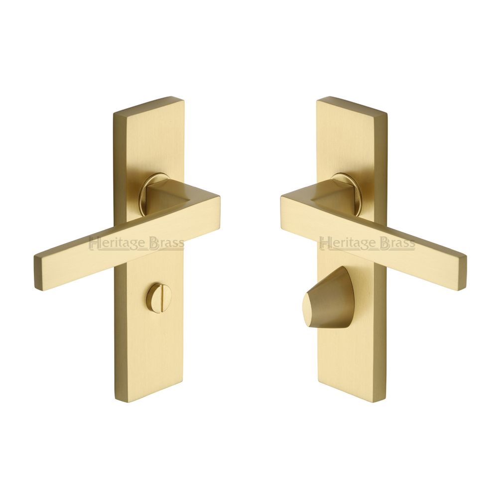 This is an image of a Heritage Brass - Door Handle for Bathroom Delta Design Satin Brass Finish, del6030-sb that is available to order from T.H Wiggans Ironmongery in Kendal.