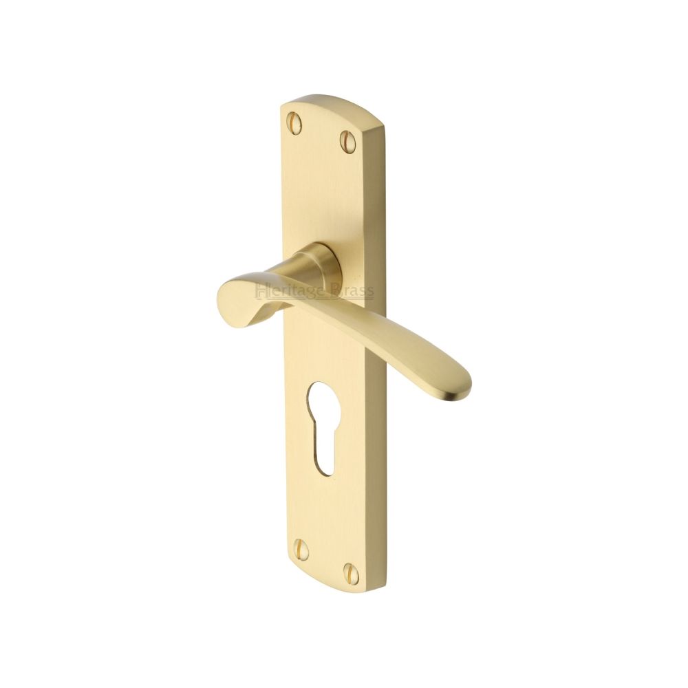 This is an image of a Heritage Brass - Door Handle for Euro Profile Plate Diplomat Design Satin Brass F, dip7848-sb that is available to order from T.H Wiggans Ironmongery in Kendal.