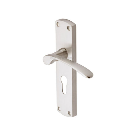 This is an image of a Heritage Brass - Door Handle for Euro Profile Plate Diplomat Design Satin Nickel, dip7848-sn that is available to order from T.H Wiggans Ironmongery in Kendal.
