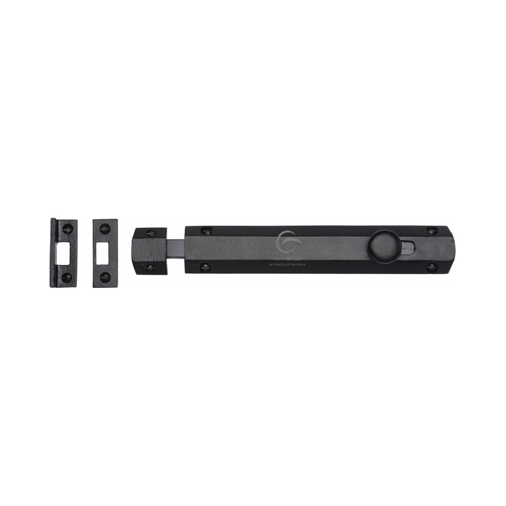 This is an image of a M.Marcus - Black Iron Rustic Door Bolt Flat 8", fb1685-203 that is available to order from T.H Wiggans Ironmongery in Kendal.