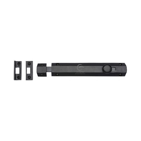 This is an image of a M.Marcus - Black Iron Rustic Door Bolt Flat 8", fb1685-203 that is available to order from T.H Wiggans Ironmongery in Kendal.