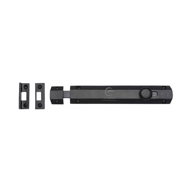This is an image of a M.Marcus - Black Iron Rustic Door Bolt Flat 8", fb1685-203 that is available to order from T.H Wiggans Ironmongery in Kendal.