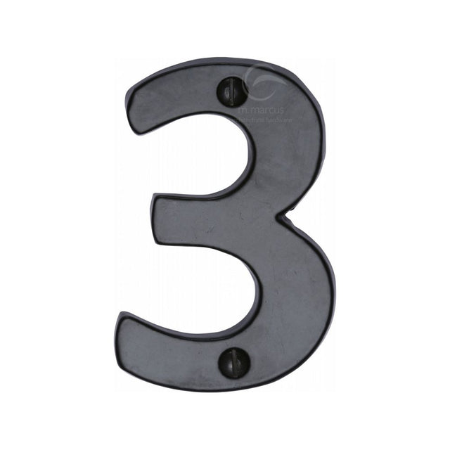 This is an image of a M.Marcus - Black Iron Rustic Numeral 3 Face Fix 76mm (3"), fb351-3 that is available to order from T.H Wiggans Ironmongery in Kendal.