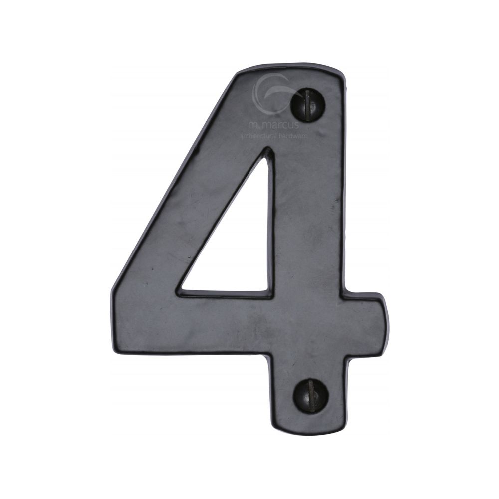 This is an image of a M.Marcus - Black Iron Rustic Numeral 4 Face Fix 76mm (3"), fb351-4 that is available to order from T.H Wiggans Ironmongery in Kendal.