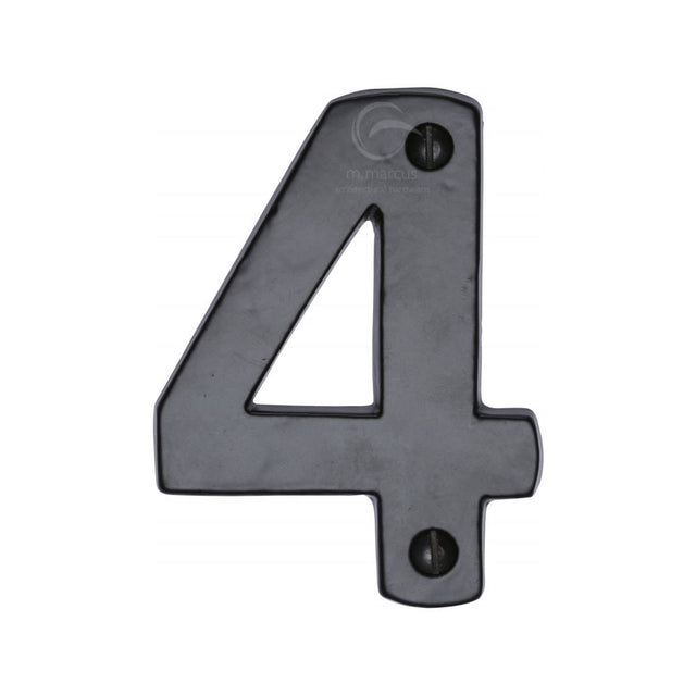 This is an image of a M.Marcus - Black Iron Rustic Numeral 4 Face Fix 76mm (3"), fb351-4 that is available to order from T.H Wiggans Ironmongery in Kendal.