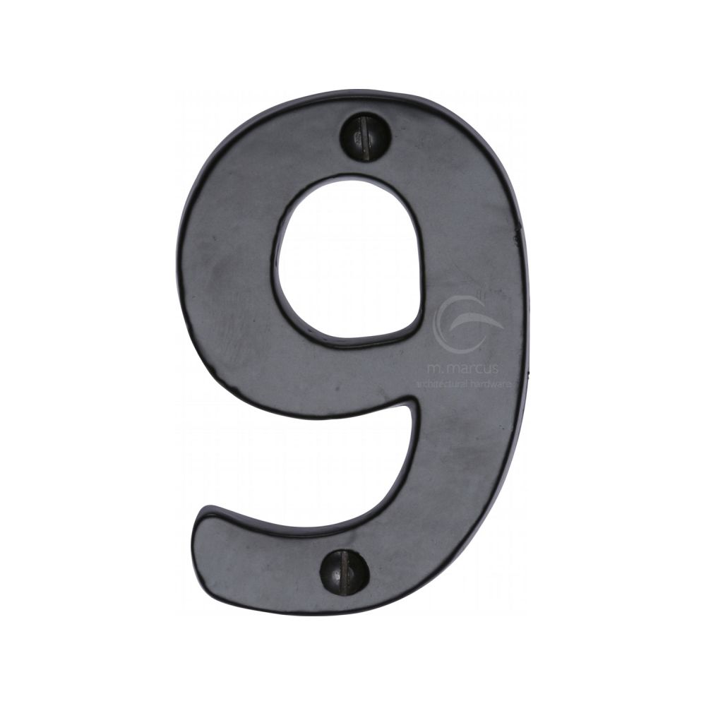 This is an image of a M.Marcus - Black Iron Rustic Numeral 9 Face Fix 76mm (3"), fb351-9 that is available to order from T.H Wiggans Ironmongery in Kendal.