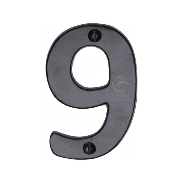 This is an image of a M.Marcus - Black Iron Rustic Numeral 9 Face Fix 76mm (3"), fb351-9 that is available to order from T.H Wiggans Ironmongery in Kendal.