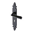 This is an image of a M.Marcus - Black Iron Rustic Door Handle Lever Lock Ironbridge Design, fb3600 that is available to order from T.H Wiggans Ironmongery in Kendal.