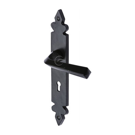 This is an image of a M.Marcus - Black Iron Rustic Door Handle Lever Lock Ironbridge Design, fb3600 that is available to order from T.H Wiggans Ironmongery in Kendal.