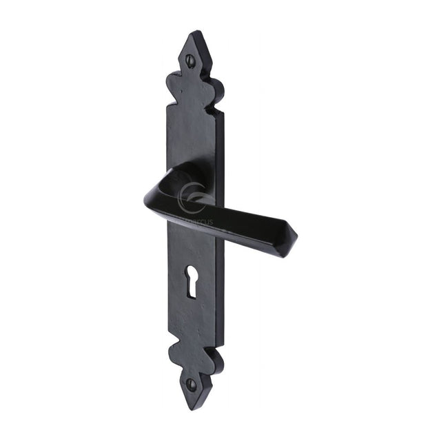 This is an image of a M.Marcus - Black Iron Rustic Door Handle Lever Lock Ironbridge Design, fb3600 that is available to order from T.H Wiggans Ironmongery in Kendal.