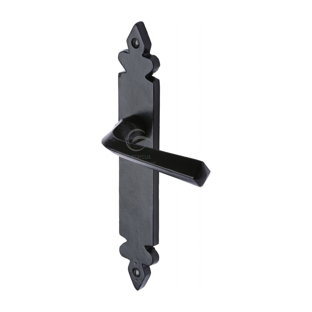 This is an image of a M.Marcus - Black Iron Rustic Door Handle Lever Latch Ironbridge Design, fb3610 that is available to order from T.H Wiggans Ironmongery in Kendal.