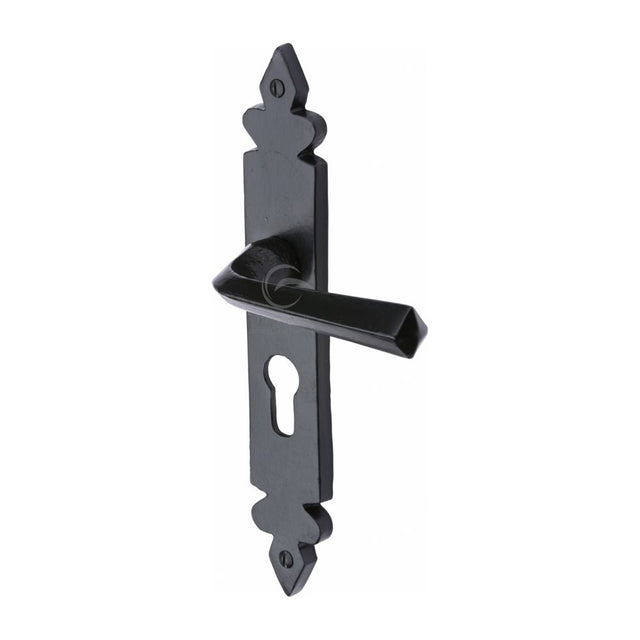 This is an image of a M.Marcus - Black Iron Rustic Door Handle Euro Profile Plate Ironbridge Design, fb3648 that is available to order from T.H Wiggans Ironmongery in Kendal.