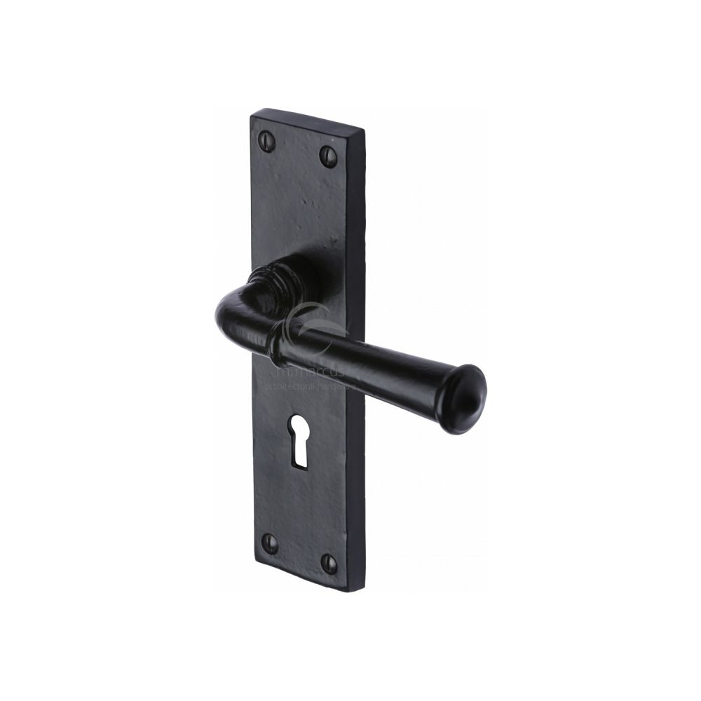 This is an image of a M.Marcus - Black Iron Rustic Door Handle Lever Lock Ashfield Design, fb3700 that is available to order from T.H Wiggans Ironmongery in Kendal.