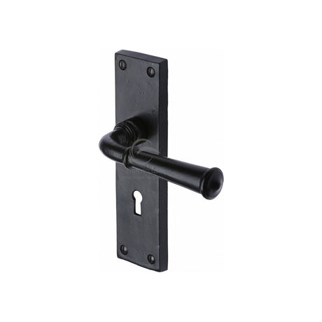 This is an image of a M.Marcus - Black Iron Rustic Door Handle Lever Lock Ashfield Design, fb3700 that is available to order from T.H Wiggans Ironmongery in Kendal.