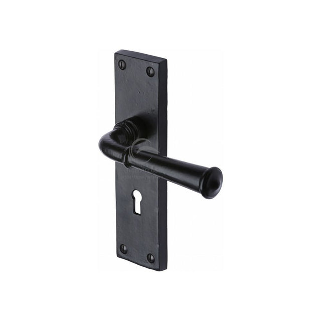 This is an image of a M.Marcus - Black Iron Rustic Door Handle Lever Lock Ashfield Design, fb3700 that is available to order from T.H Wiggans Ironmongery in Kendal.