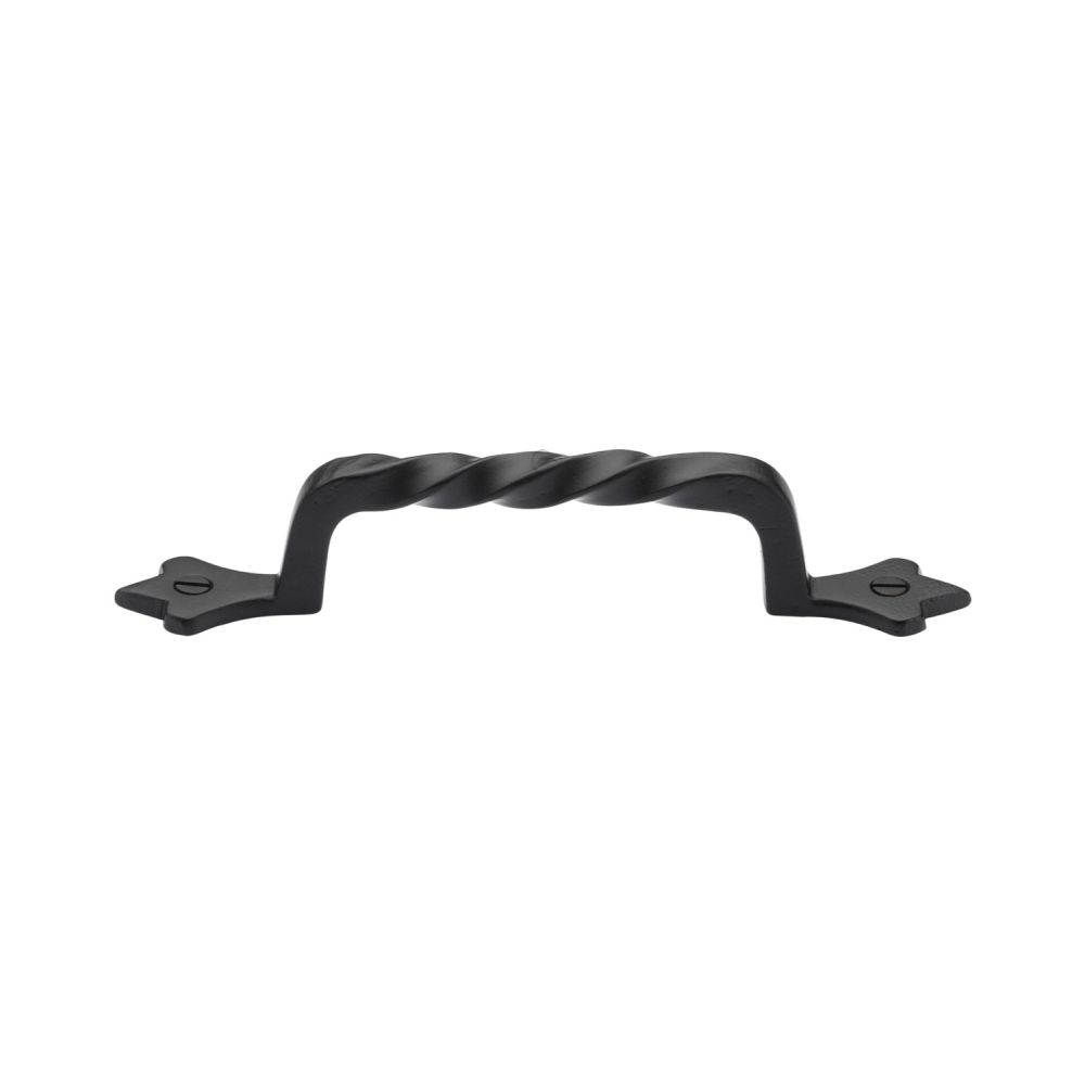 This is an image of a M.Marcus - Black Iron Rustic Cabinet Pull Twist Design 143mm CTC, fb370-143 that is available to order from T.H Wiggans Ironmongery in Kendal.