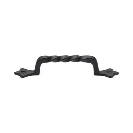 This is an image of a M.Marcus - Black Iron Rustic Cabinet Pull Twist Design 143mm CTC, fb370-143 that is available to order from T.H Wiggans Ironmongery in Kendal.