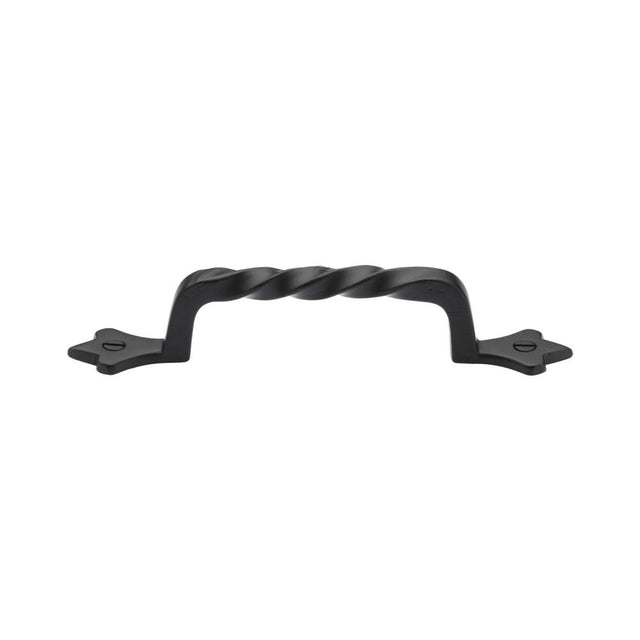 This is an image of a M.Marcus - Black Iron Rustic Cabinet Pull Twist Design 143mm CTC, fb370-143 that is available to order from T.H Wiggans Ironmongery in Kendal.