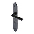 This is an image of a M.Marcus - Black Iron Rustic Door Handle Lever Lock Grafton Design, fb4400 that is available to order from T.H Wiggans Ironmongery in Kendal.