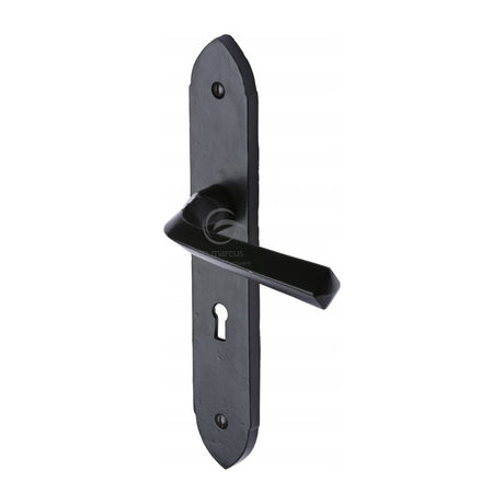 This is an image of a M.Marcus - Black Iron Rustic Door Handle Lever Lock Grafton Design, fb4400 that is available to order from T.H Wiggans Ironmongery in Kendal.