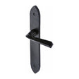 This is an image of a M.Marcus - Black Iron Rustic Door Handle Lever Latch Grafton Design, fb4410 that is available to order from T.H Wiggans Ironmongery in Kendal.