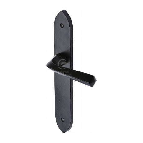 This is an image of a M.Marcus - Black Iron Rustic Door Handle Lever Latch Grafton Design, fb4410 that is available to order from T.H Wiggans Ironmongery in Kendal.