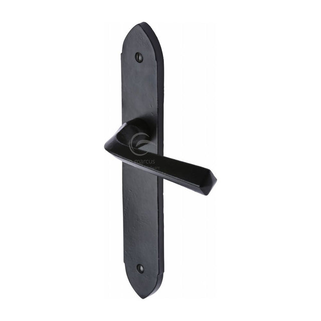 This is an image of a M.Marcus - Black Iron Rustic Door Handle Lever Latch Grafton Design, fb4410 that is available to order from T.H Wiggans Ironmongery in Kendal.