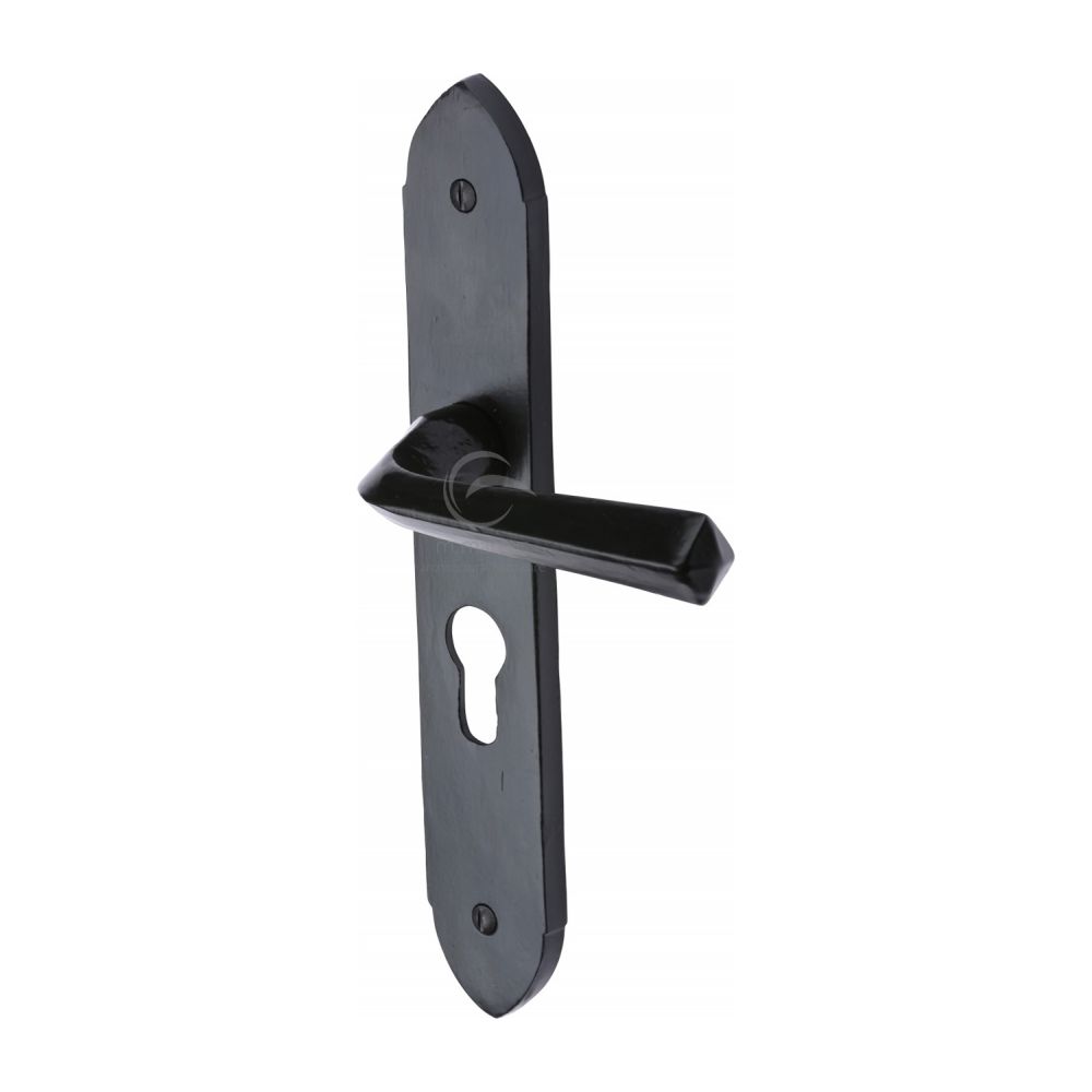 This is an image of a M.Marcus - Black Iron Rustic Door Handle Euro Profile Plate Grafton Design, fb4448 that is available to order from T.H Wiggans Ironmongery in Kendal.
