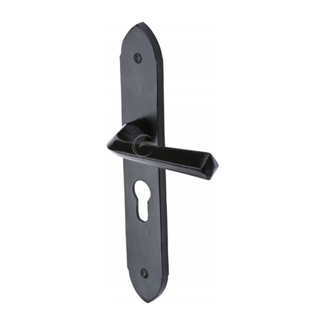 This is an image of a M.Marcus - Black Iron Rustic Door Handle Euro Profile Plate Grafton Design, fb4448 that is available to order from T.H Wiggans Ironmongery in Kendal.