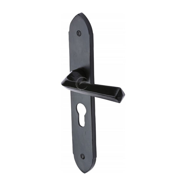 This is an image of a M.Marcus - Black Iron Rustic Door Handle Euro Profile Plate Grafton Design, fb4448 that is available to order from T.H Wiggans Ironmongery in Kendal.