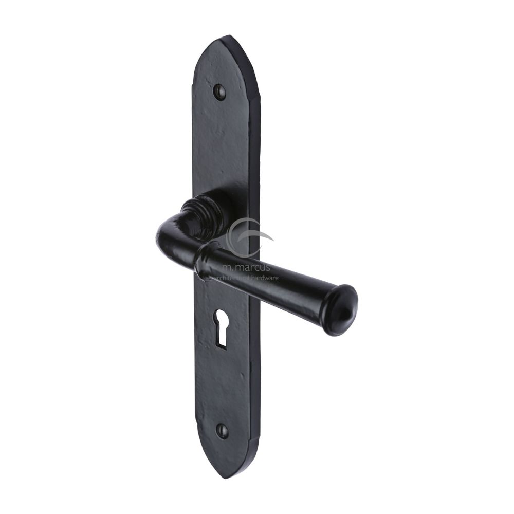 This is an image of a M.Marcus - Black Iron Rustic Door Handle Lever Lock Hadley Design, fb4700 that is available to order from T.H Wiggans Ironmongery in Kendal.