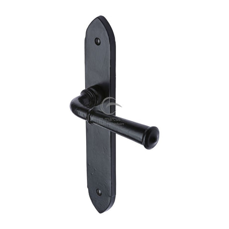 This is an image of a M.Marcus - Black Iron Rustic Door Handle Lever Latch Hadley Design, fb4710 that is available to order from T.H Wiggans Ironmongery in Kendal.