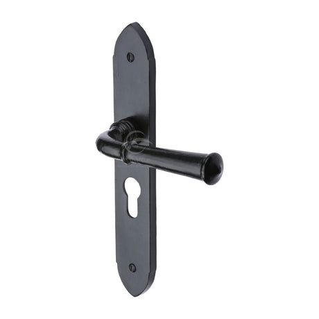 This is an image of a M.Marcus - Black Iron Rustic Door Handle Euro Profile Plate Hadley Design, fb4748 that is available to order from T.H Wiggans Ironmongery in Kendal.