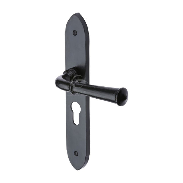 This is an image of a M.Marcus - Black Iron Rustic Door Handle Euro Profile Plate Hadley Design, fb4748 that is available to order from T.H Wiggans Ironmongery in Kendal.